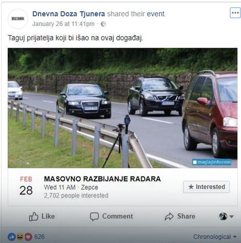 Na “Fejsbuku” osvanuo poziv vozačima na “Masovno razbijanje radara”