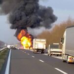 Stravičan sudar automobila i cisterne, veliki požar na auto-putu (VIDEO)