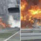 Težak sudar kamiona na auto-putu kod Šimanovaca: Vozila potpuno izgorjela, vozači uspjeli izaći (Video)